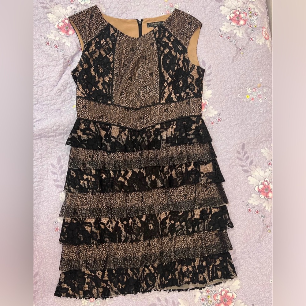 Black and Tan Lace Tiered Dress